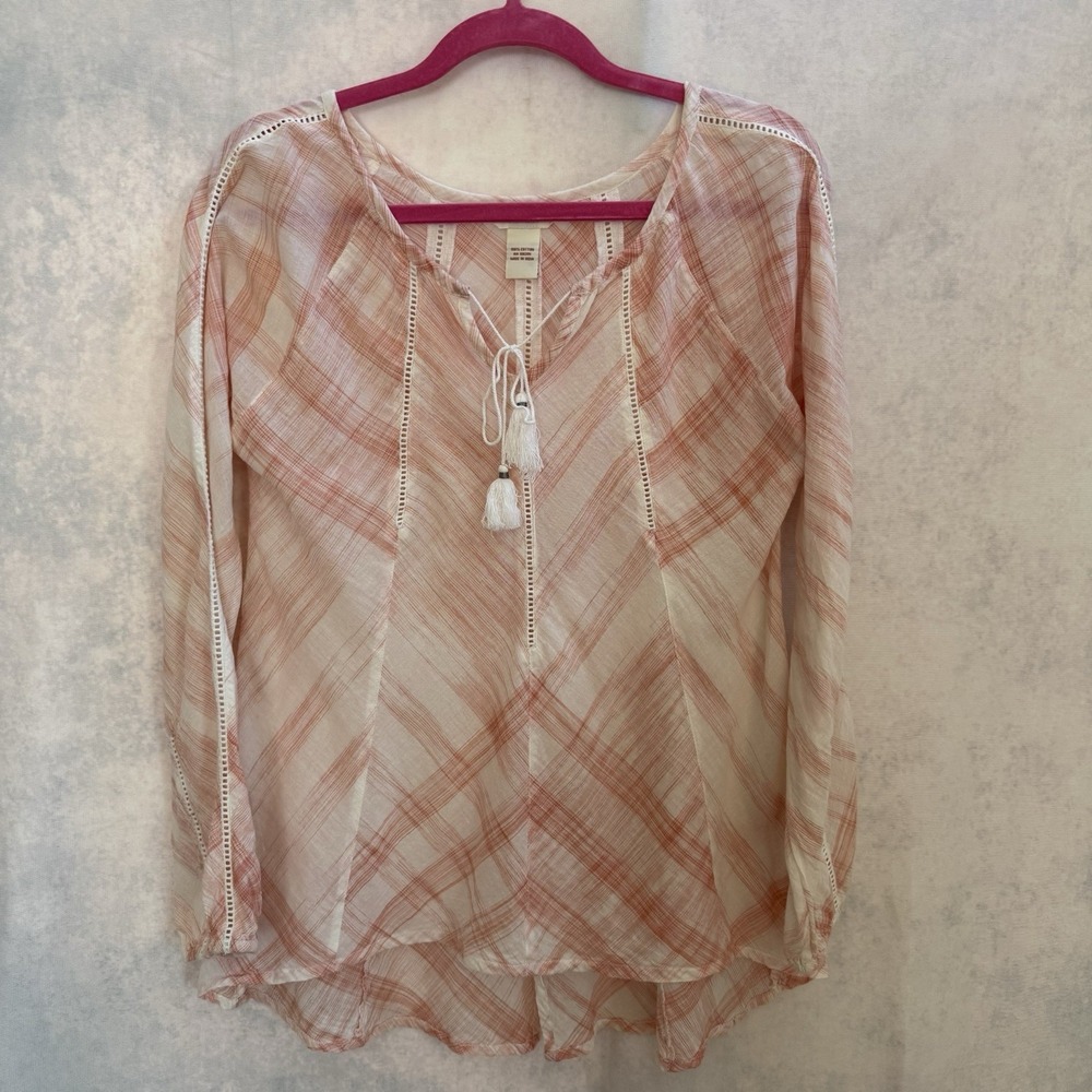Sundance Coral White 100%‎ Cotton blouse pullover tassels preppy boho Size M
